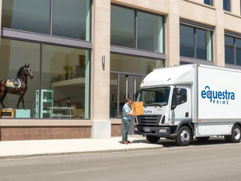 An image depicting a delivery truck arriving at an equestrian retail store, showcasing timely and reliable delivery services.
