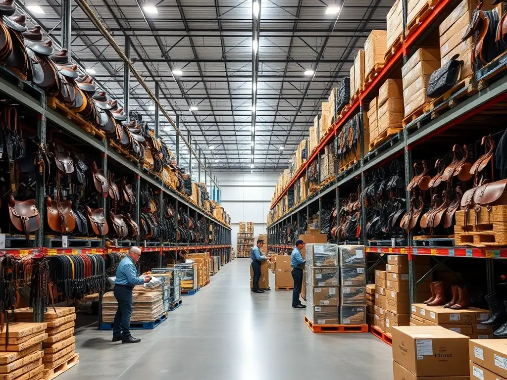 An image showing a logistics warehouse with various equestrian products being prepared for shipment, highlighting efficiency and variety.